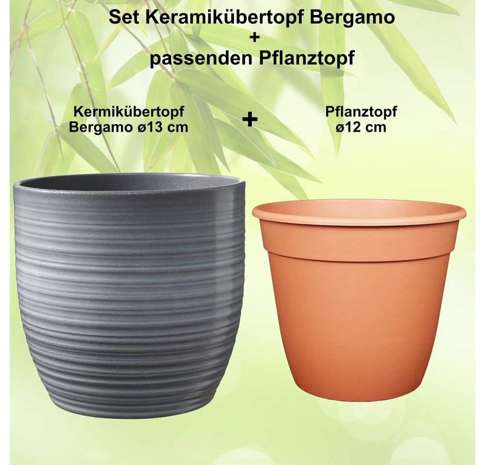 Thumbnail - Heimwerkercenter Übertopf Set - Keramikübertopf Bergamo ø13 cm, hellgrau + Pflanztopf ø12