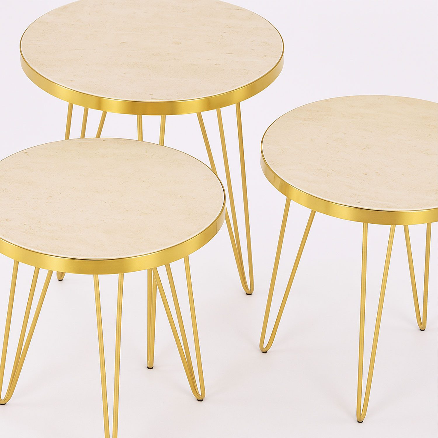 Jungengel Couchtisch Set 4-teilig Travertin Creme Gold Wohnzimmer Beistelltisch Naturstein (4-St., 4-teiliges Tisch-Set), Luxus Couchtisch-Set Travertin Creme m – Bild 3 von 5