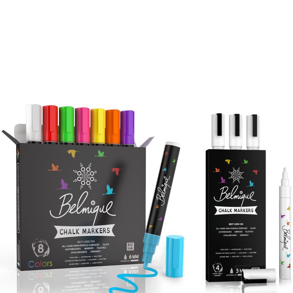 Belmique Malkreide Kreidemarker - Kreidestifte Pastellfarben, (Set, 12-tlg), Ideal für Tafel, Fenster, Whiteboard - Feine Rund-& Schrägkeilspitze
