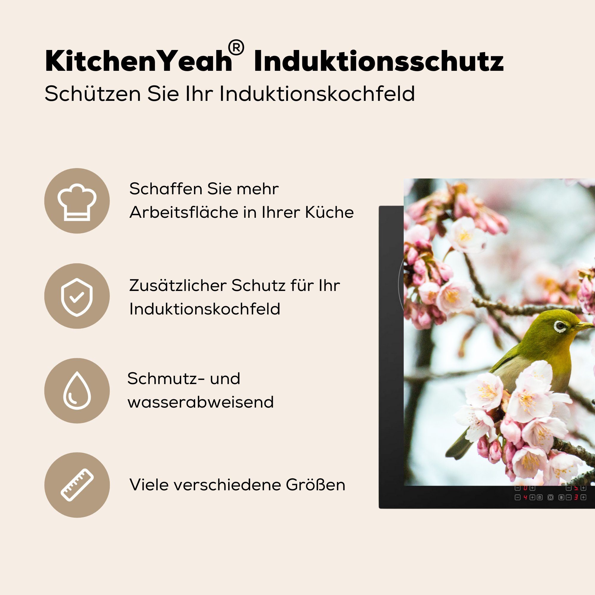 MuchoWow Herdblende-/Abdeckplatte Vogel (1 Vinyl, Grün, cm, - - Rosa Arbeitsplatte Ceranfeldabdeckung, für 78x78 tlg), küche - Kirschblüte
