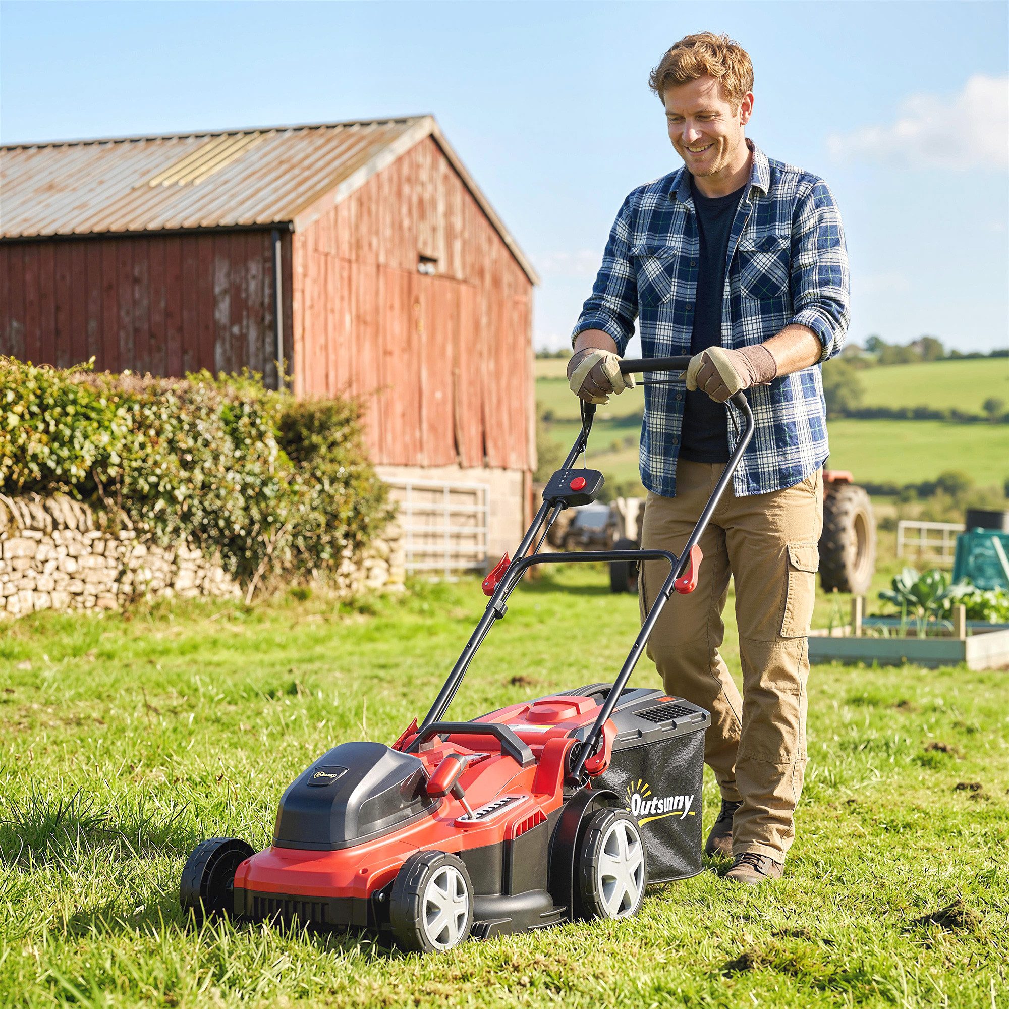 Outsunny Elektrorasenmäher mit 40 cm Schnittbreite, 45L Fangkorb, Akkuanzeige, Überlastschutz, 40 cm Schnittbreite, (Elektrischer Sichelmäher, Elektro Rasenmäher), für Rasen