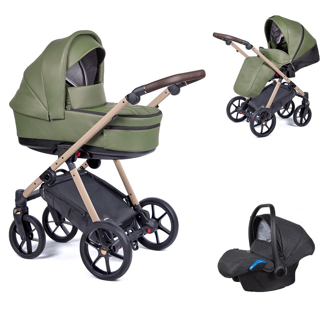 babies-on-wheels Kombi-Kinderwagen 3 in 1 Kinderwagen-Set Axxis Premium - 15 Teile - in 12 Designs Tannengrün = Gestell beige