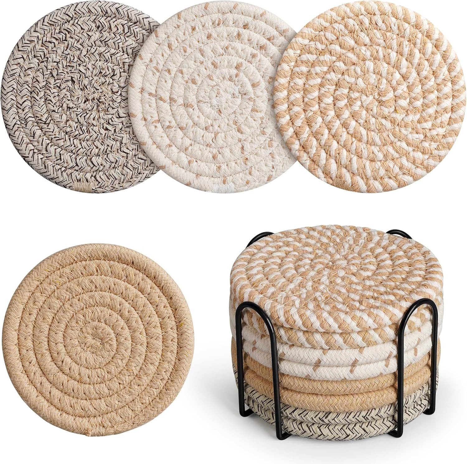 BlingBin Flaschenuntersetzer 8pcs Glasuntersetzer Rund für Gläser Tassenuntersetzer mit Halter, Zubehör für Glasuntersetzer Rund, 8er Set, 9-tlg., Tischuntersetzer Geflochtenes Baumwolle für Getränke Tassen