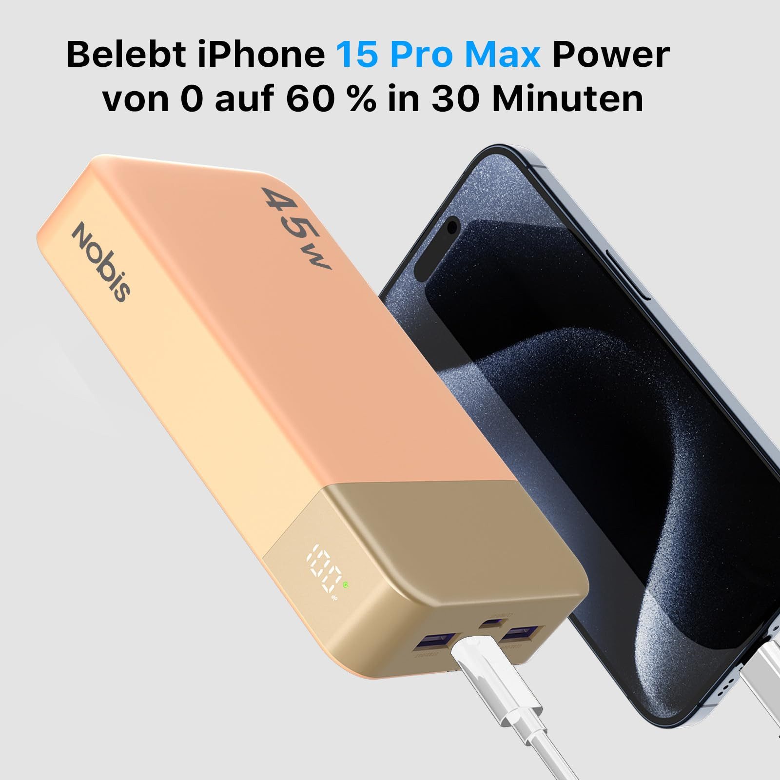 NOBIS 20000mAh 45W Externe Handyakkus Schnellladen iPhone Android Laptop Powerbank 20000 mAh, Externer Akku mit C zu C Kabel, Tragbares Ladegerät mit Digitalanzeige