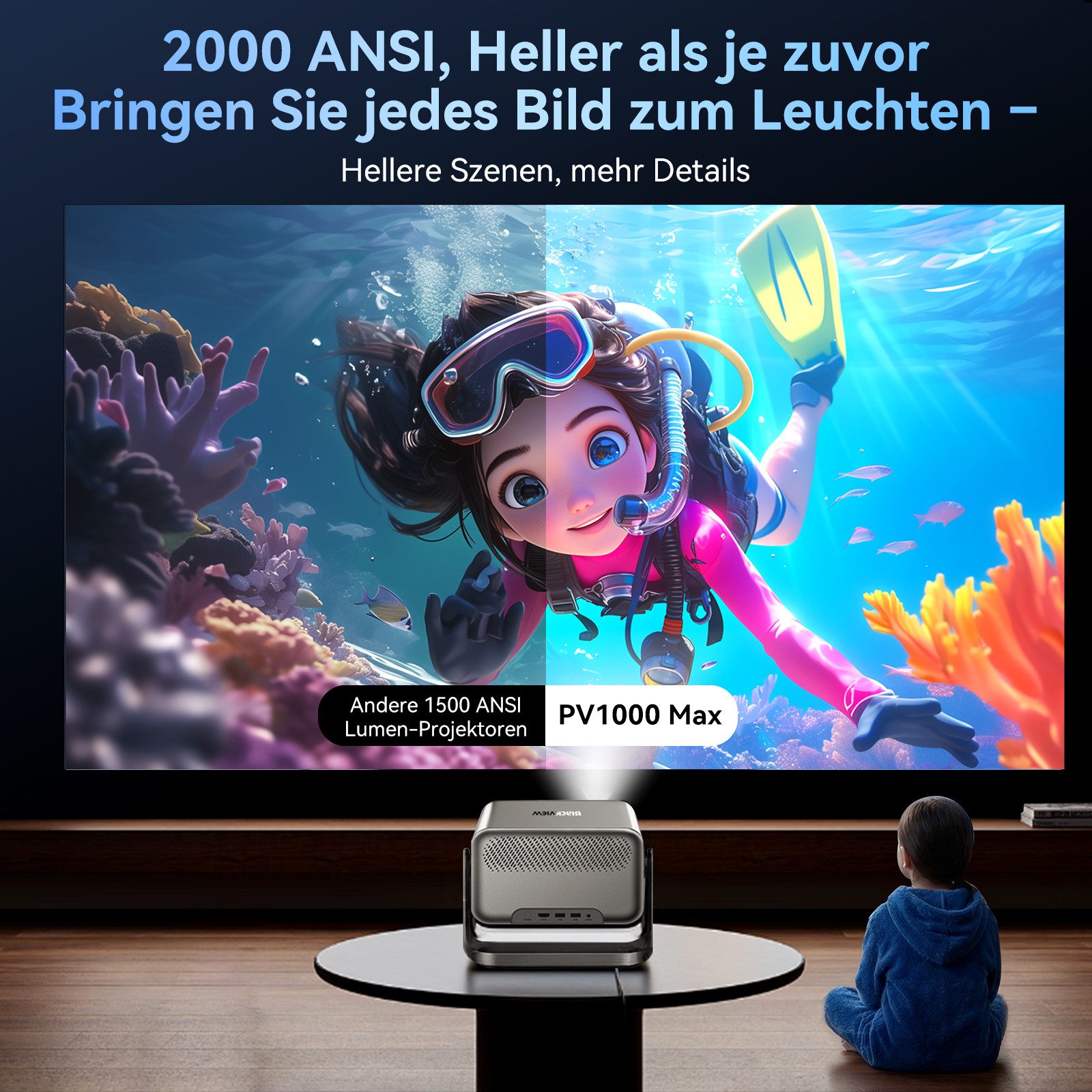 blackview PV1000 Max Heimkino-Beamer: ECHT Dolby, 4K/1080P, Gaming-Modus Beamer (1500:1, 1920 x 1280 px, Sprachsteuerung/Autofocus/bis 150 Inches Screen/Kindersicherung)