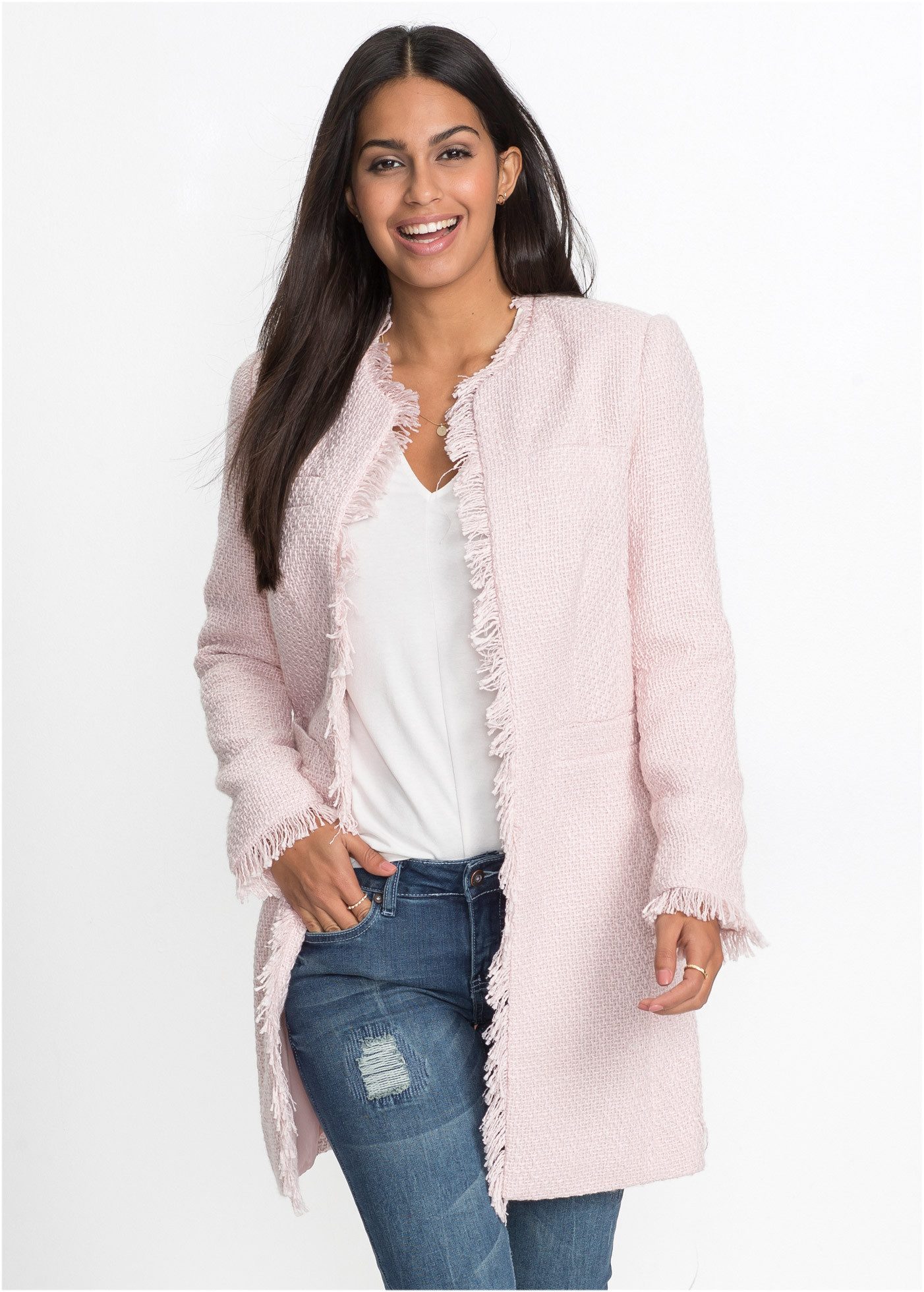 bonprix Longblazer (1-tlg) eleganter Bouclé-Look, Regular Fit, mit langem A günstig online kaufen