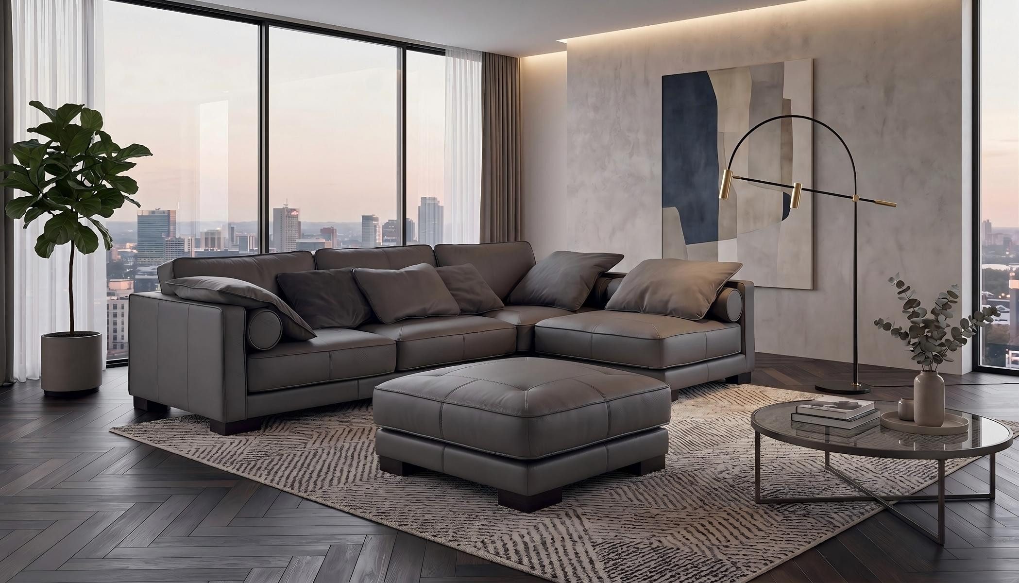 Salottini Ecksofa Luxus Ecksofa Bartolo Wohnlandschaft Leder Eckcouch grau, Handarbeit