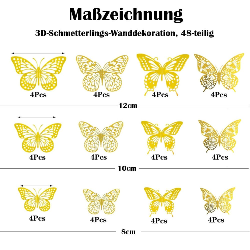 TUWENA 3D-Wandtattoo 48 Schmetterlinge Deko, Schmetterlinge Aufkleber Dekoration Wandtattoo, Abnehmbare Schmetterling Wandaufkleber 48 Stück, 4 Stile, 3 Größen – Bild 2 von 5