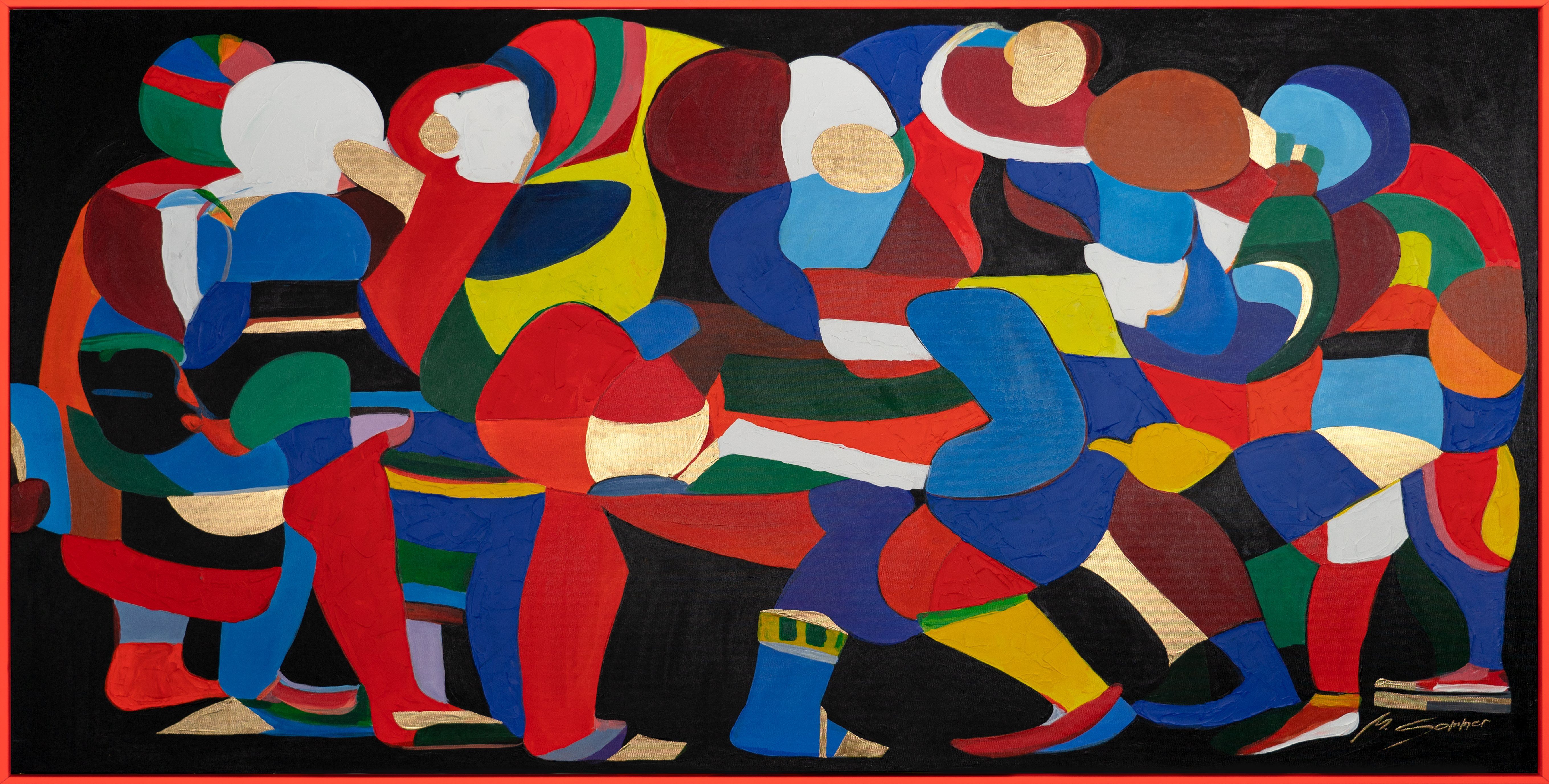 YS-Art Gemälde Tänze der Farben und Formen, Abstraktion Mit Rahmen in Rot