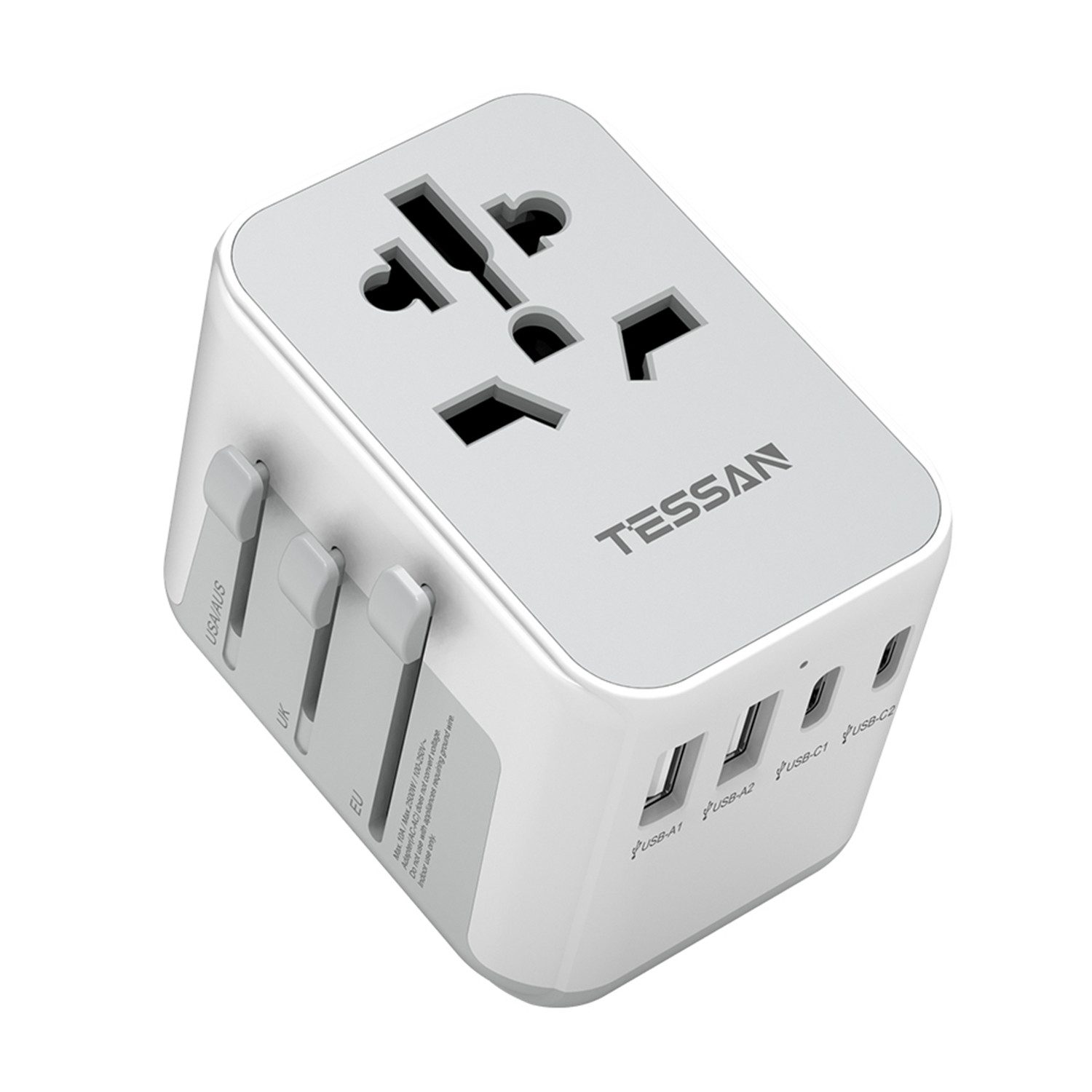 TESSAN Universal Reiseadapter Weltweit Reisestecker mit 4 USB für 200 Länder Reiseadapter AC Buchse, USB A, USB C, Typ A Buchse zu US Plug(Typ A), UK Plug (Typ G), EU Plug (Typ C), AUS Plug (Typ I), Dieser Reiseadapter wird mit zwei Überlastsicherungen (10A) geliefert