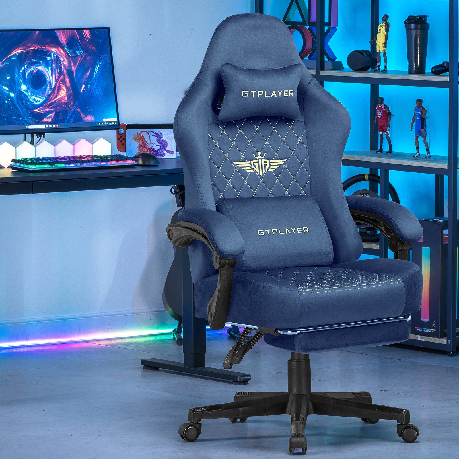 GTPLAYER Gaming-Stuhl Stoff Gaming Chair Ergonomisch Bürostuh PC Stuhl, 150kg Belastbarkeit, Schreibtischstuh mit Federsitzkissen und Fußstütze – Bild 2 von 5