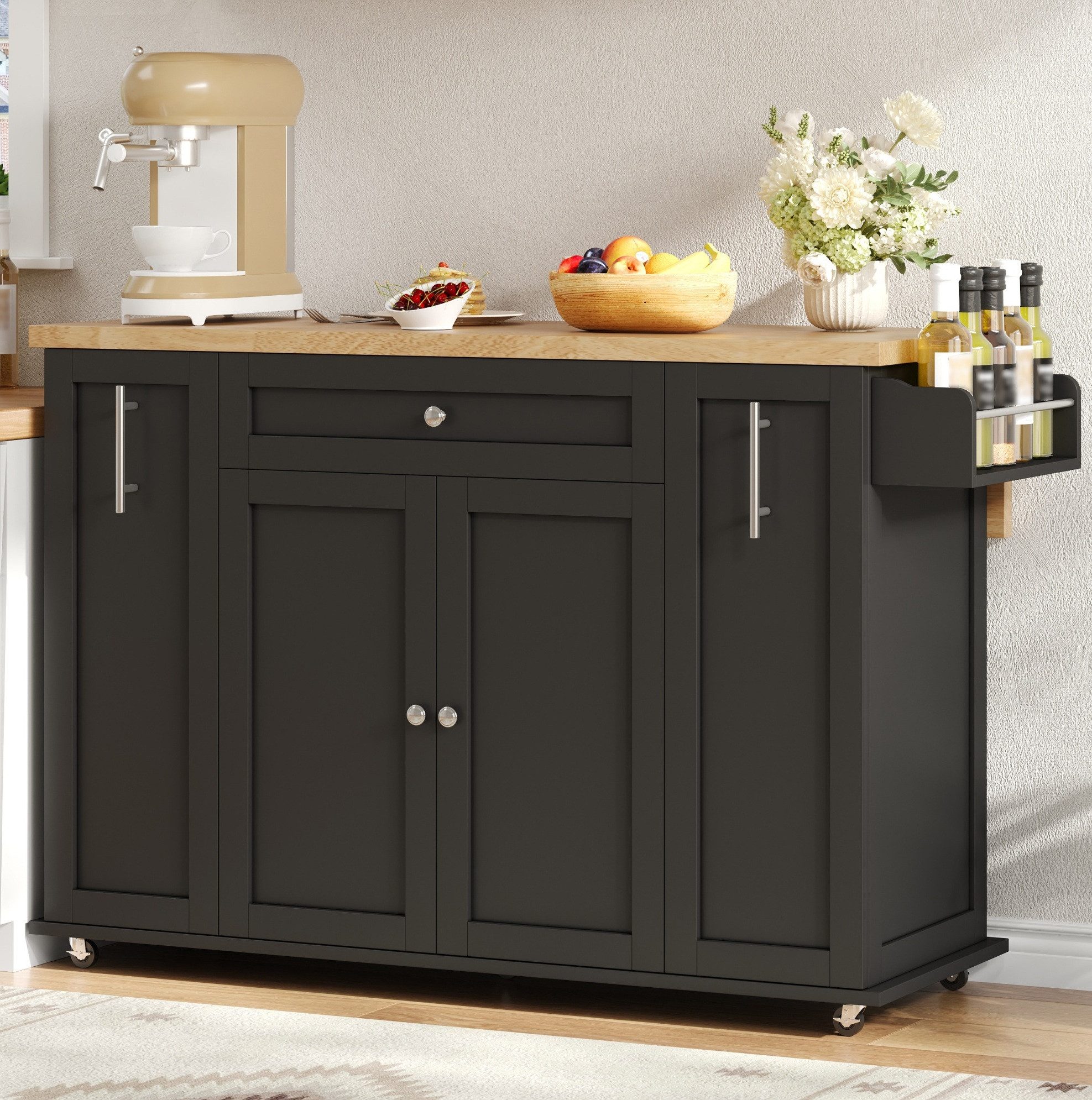 OKWISH Kücheninsel Mobile Kücheninsel mit Klappplatte und Rollen 120×45(70)×87 cm, (Servierwagen mit feststellbaren Rädern für Küche und Essbereich), Küchenwagen mit 3 Schubladen und Türregalen für Zubehör