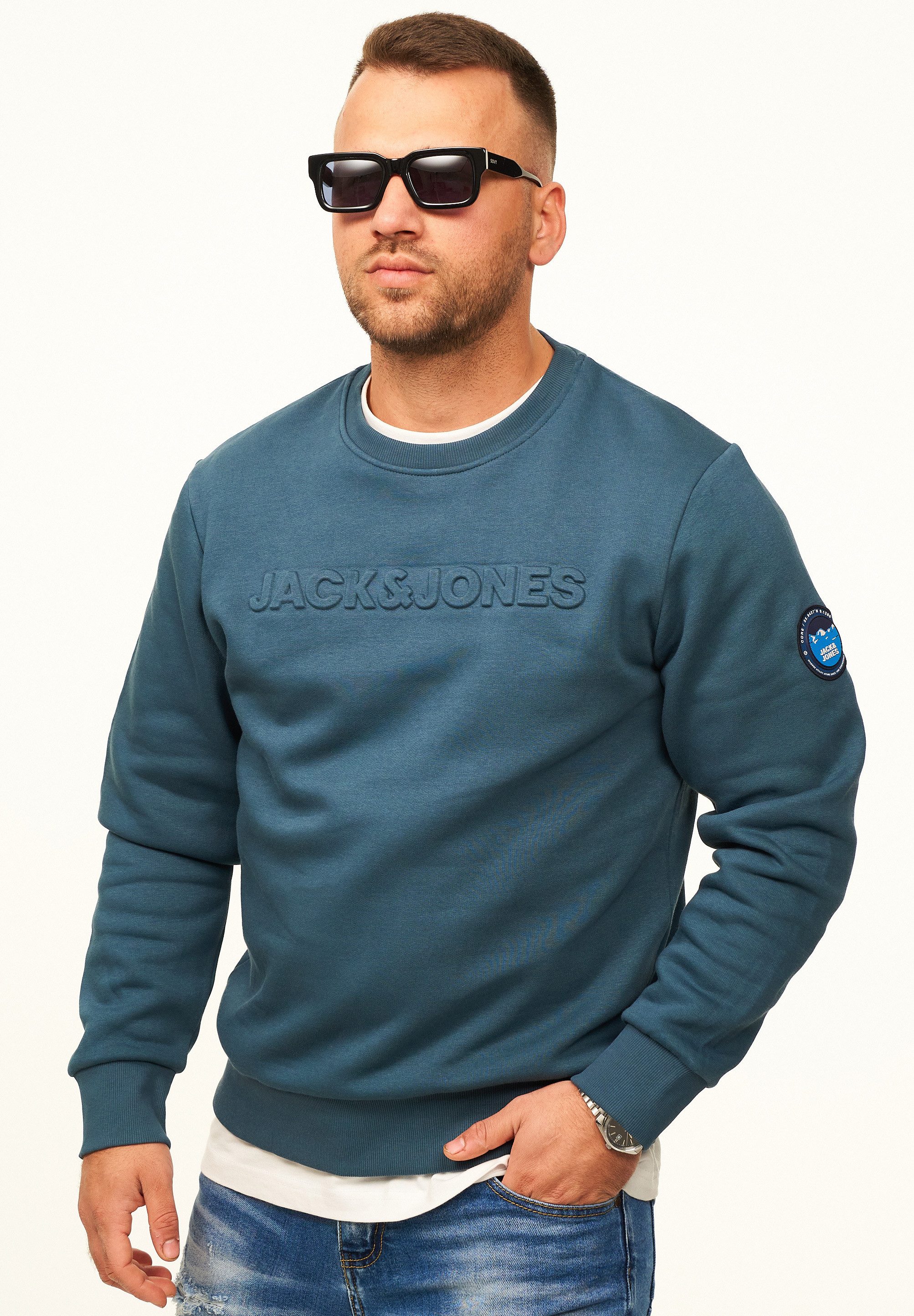 Jack & Jones Sweatshirt Pullover - Rundhalspullover mit Crew-Neck im Regular Fit für Herren Männer Sweatpullover mit Logo & Patch aus Baumwollmischung