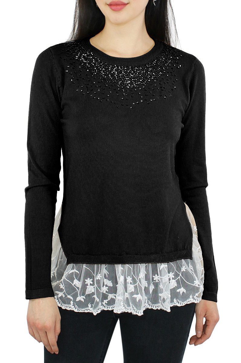 dy_mode Rundhalspullover Damen Pullover mit Spitze Oberteil Feinstrick Pulli Langarmpulli mit Pailletten, seitlicher Schlitz, Spitze WP002-Schwarz