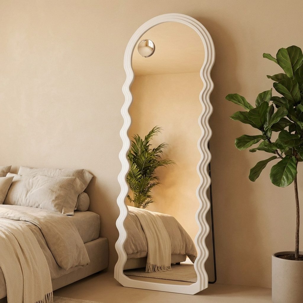 SONGMICS Standspiegel Ganzkörperspiegel, 160x50 cm, wellenförmiges, Schlafzimmer, Wohnzimmer, mit Ständer, MDF-Rahmen, Vergrößerungsspiegel