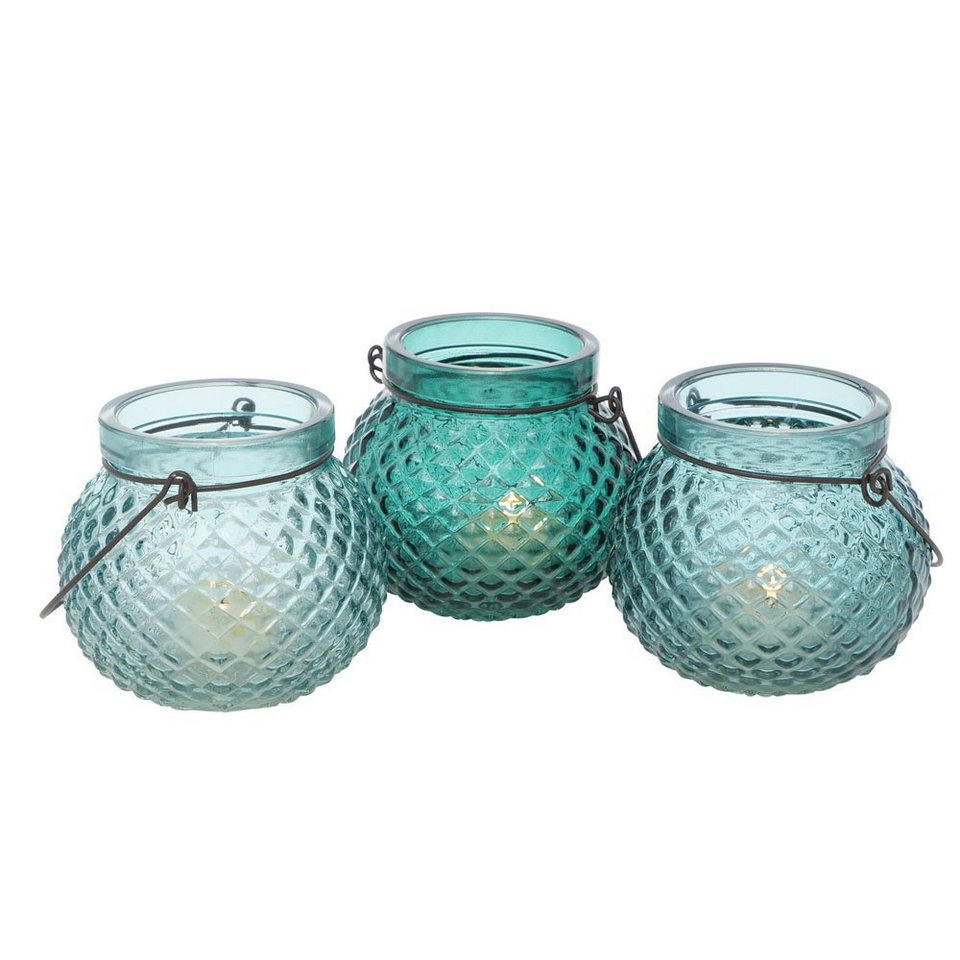 BOLTZE Windlicht 3tlg. Windlicht VIONA aqua türkis petrol hellblau D10cm  Hängewindlicht aus Glas