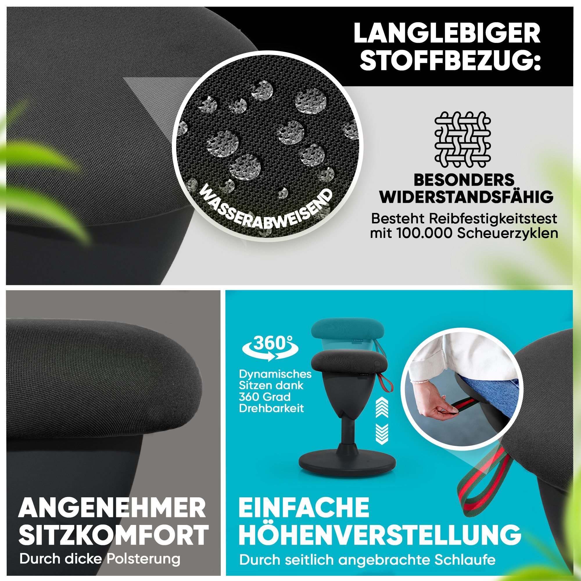 Steinlife Arbeitshocker Ergonomischer Bürohocker [Aktives Sitzen, Gesunde Haltung] (Sitzhocker Höhenverstellbar [48-68cm] Ergonomischer Hocker für Büro [Schwing – Bild 5 von 5