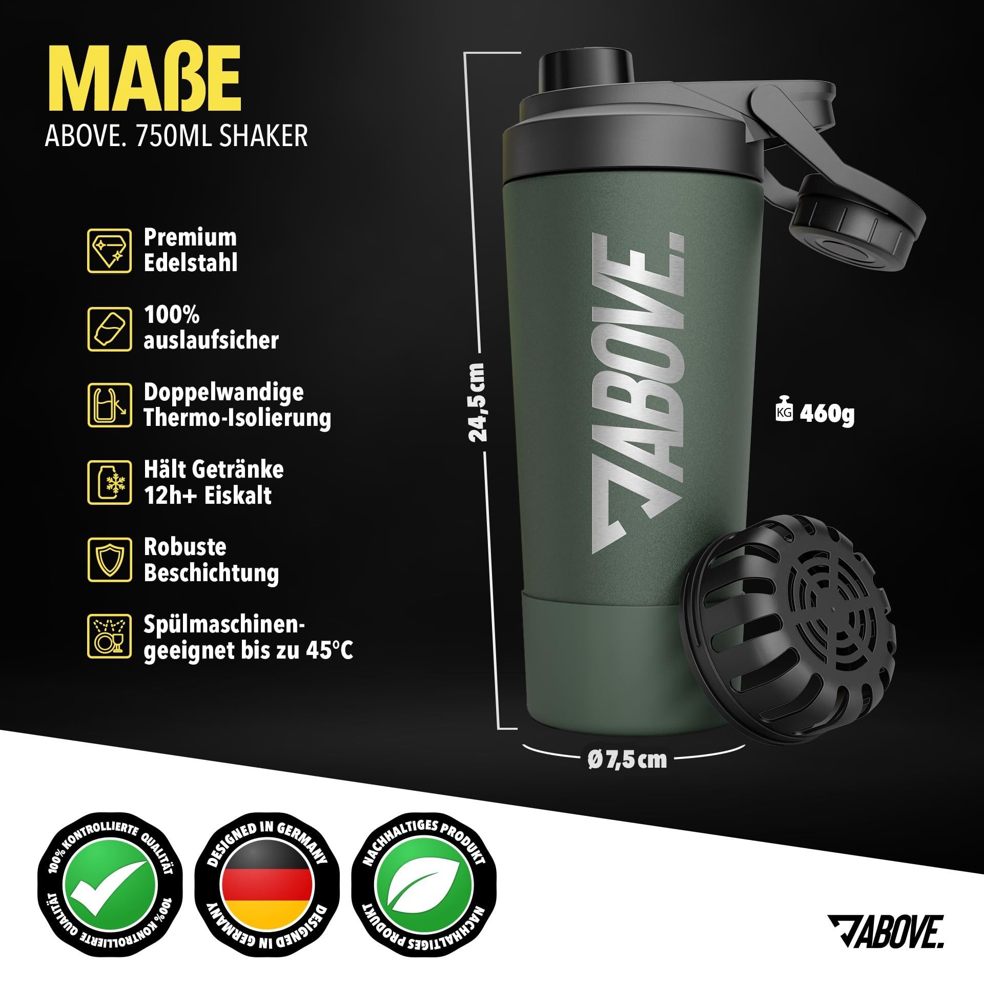 ABOVE. Protein Shaker 750ml – BPA-frei & isolierend: hält Shakes 12H eiskalt, (Integrierte Skala & 100% auslaufsicherer Deckel), Robust & langlebig – spülmaschinengeeignet bis 45°C