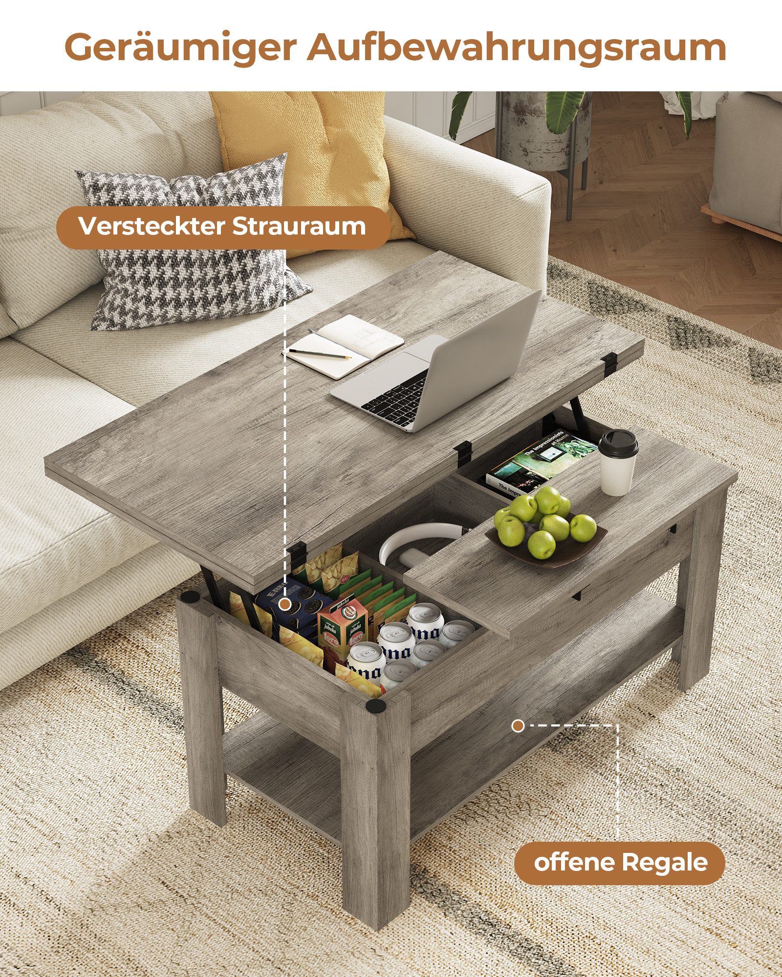 MSMASK Couchtisch Höhenverstellbarer Kaffeetisch mit Verstecktem Stauraum, und Ablage für Wohnzimmer, Grau – Bild 4 von 5