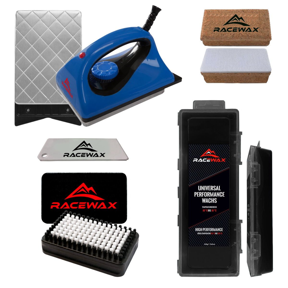 RaceWax Ski RaceWax Skiwax Set 5-teilig Wachsbügeleisen Wachs Kork BaseBrush