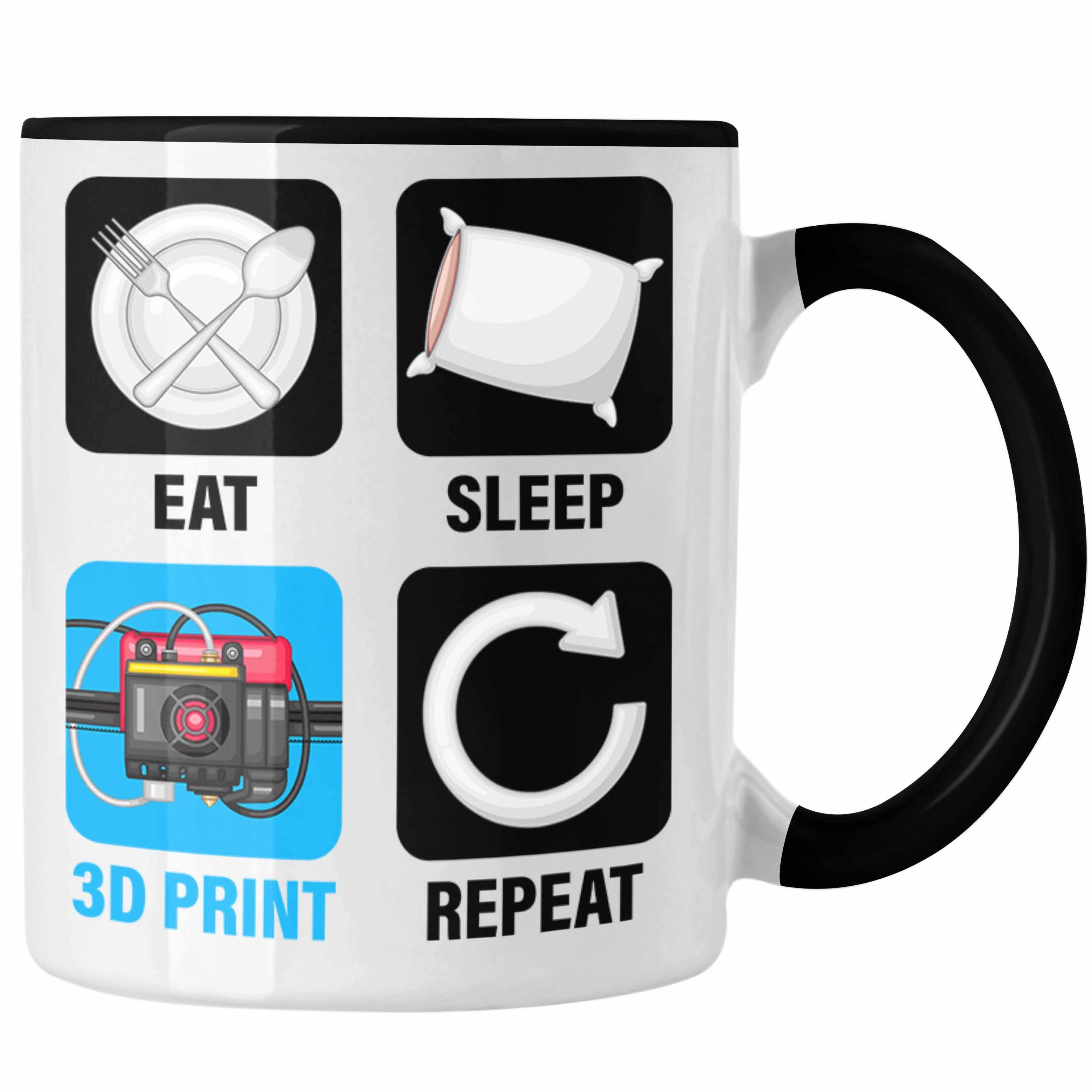 Trendation Tasse 3D Drucker Tasse Geschenk für 3D Printing Eat Sleep 3D Print Repeat Mä Schwarz