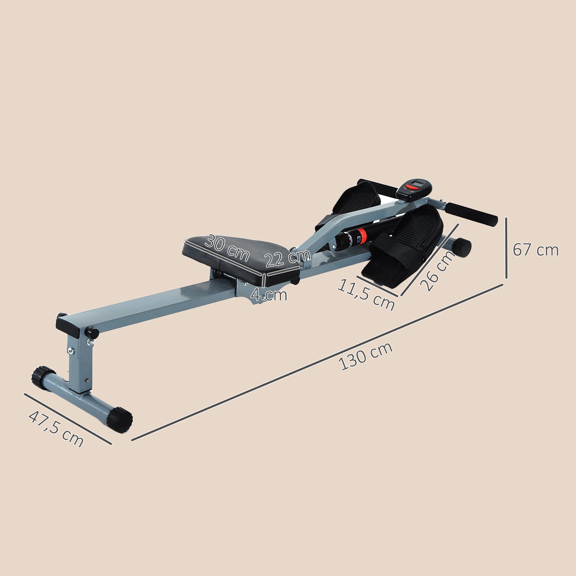 HOMCOM Rudergerät Rudermaschine mit LCD (Fitnessgerät, 1-tlg., Ruderzugmaschine Heimtrainer), Grau+Schwarz 130 x 47.5 x 67 cm