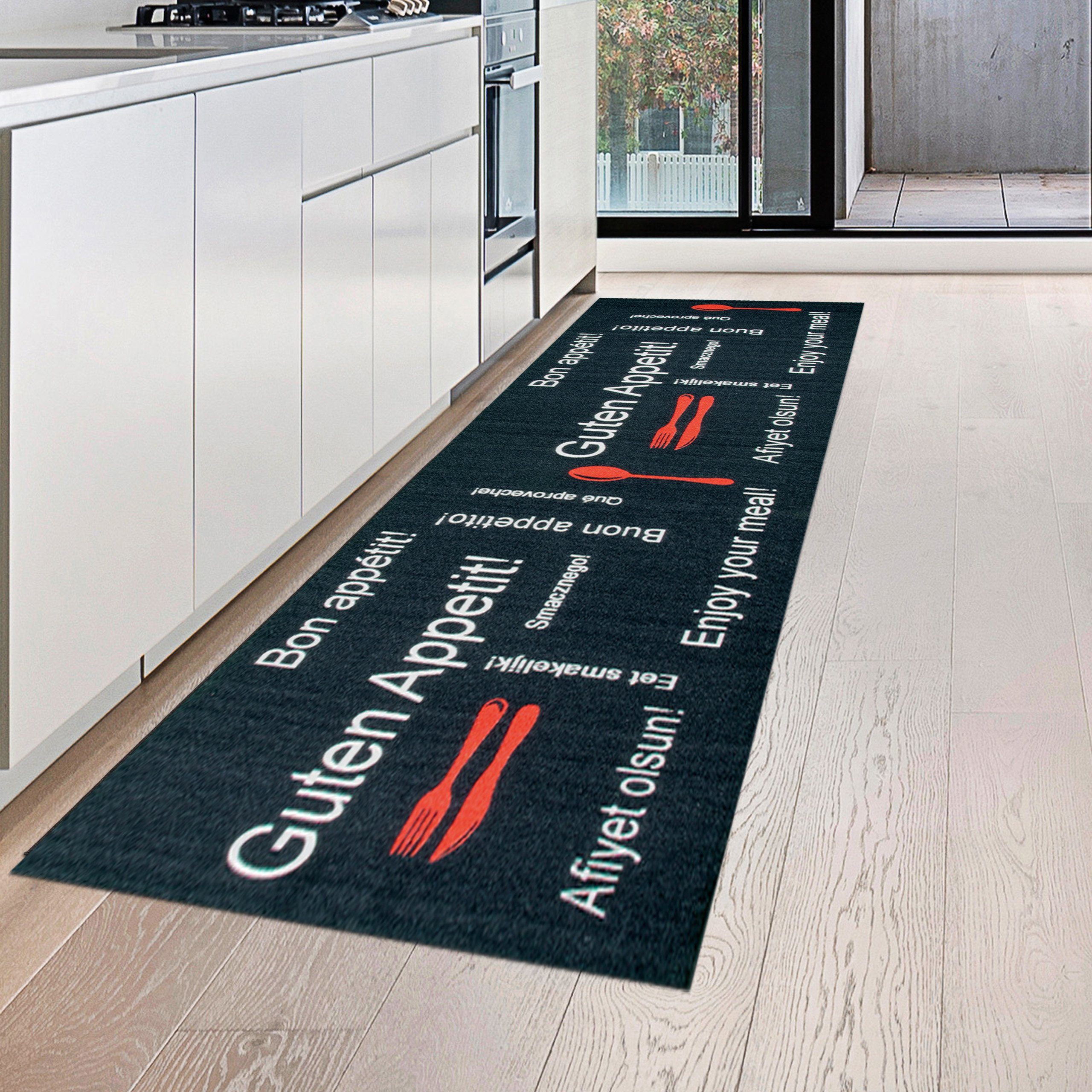 Teppich Küchenläufer in schwarz mit Gelrücken und weiß-rotem Schriftzug, Teppich-Traum, rechteckig, Höhe: 5 mm