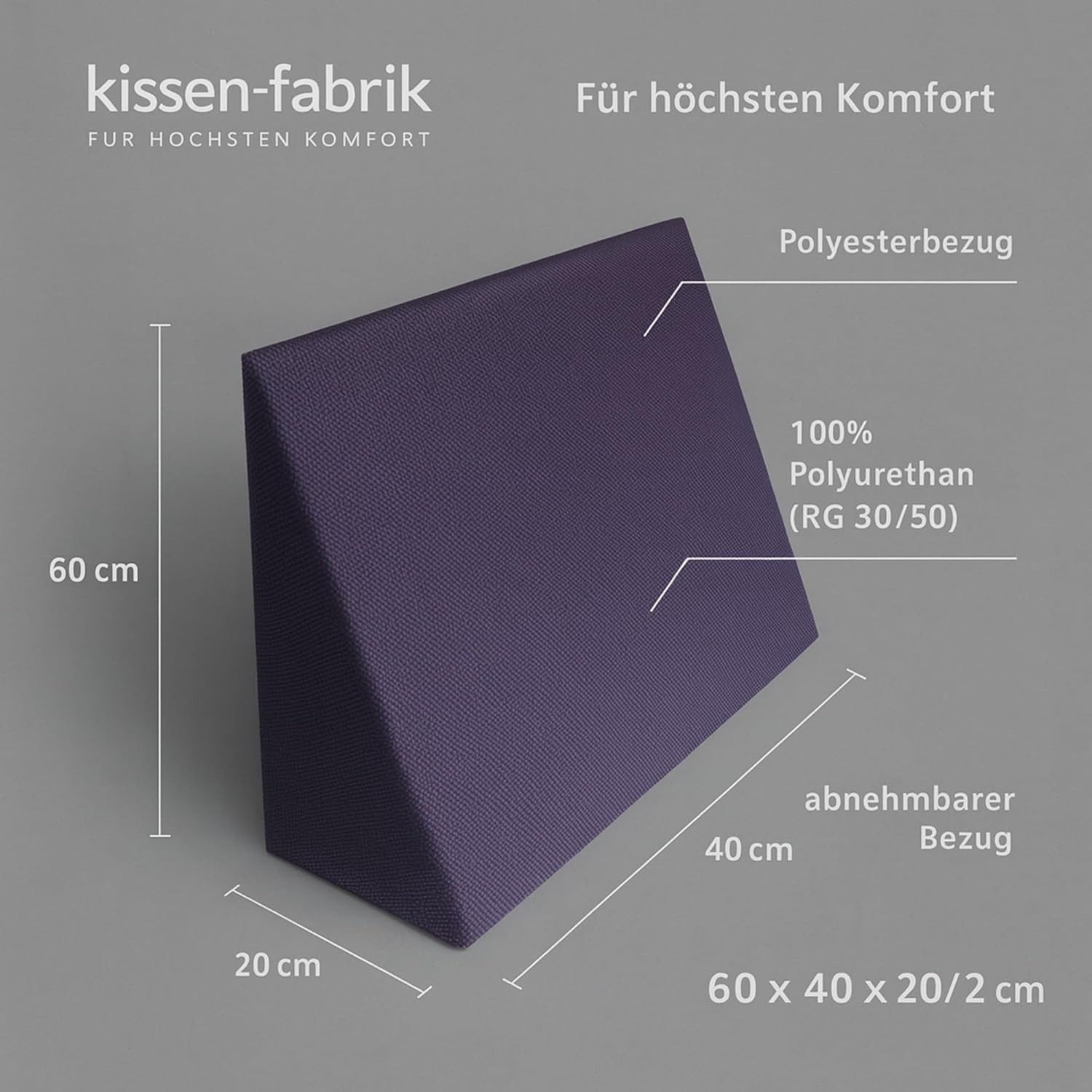 kissenfabrik-juwan Stützkissen Keilkissen Lesekissen 60 x 40 x 20, Schaumstoffkeil Lagerungshilfe Lagerungskissen Rückenstütze
