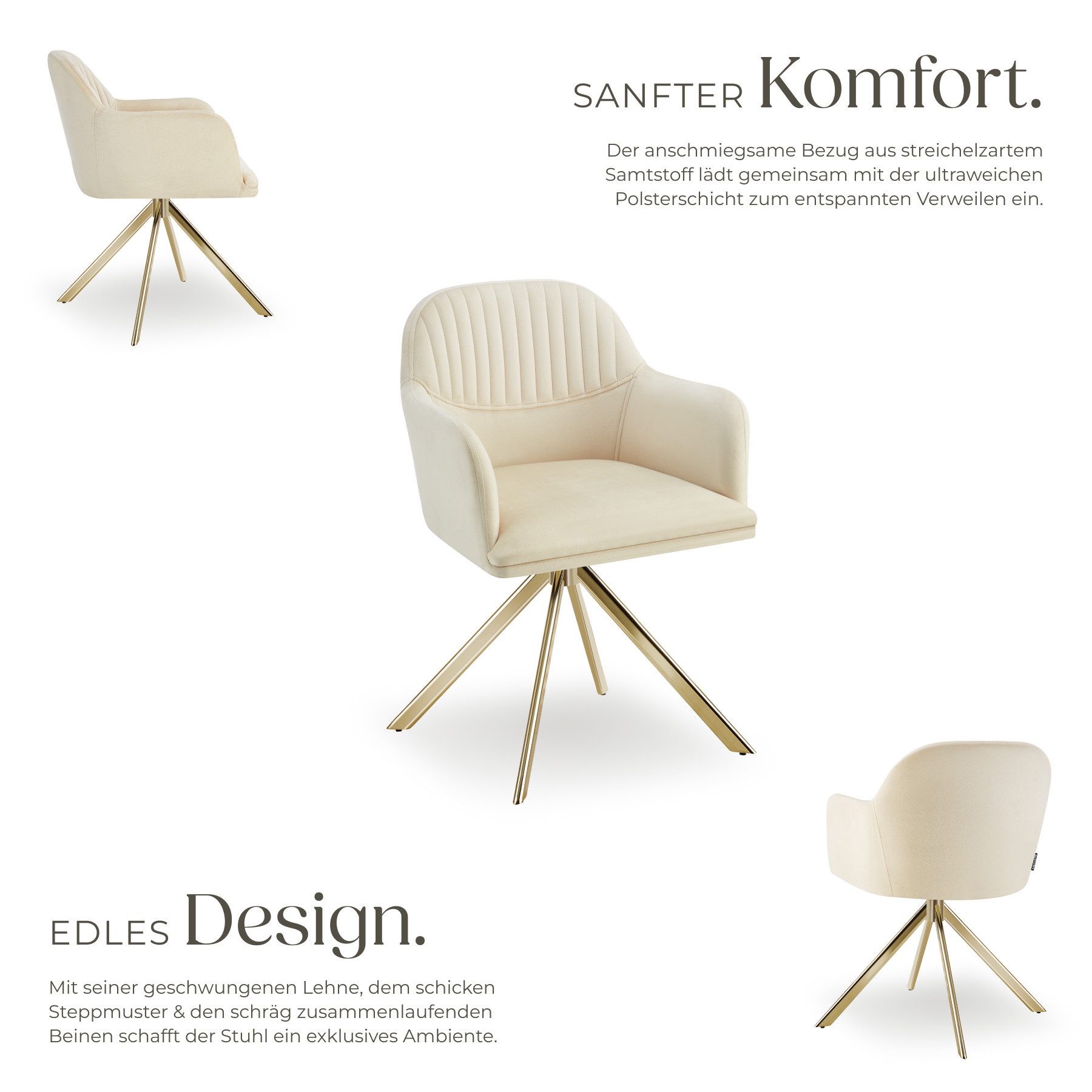 tectake Esszimmerstuhl Samt-Drehstuhl gepolstert, mit durchgehender Lehne, 56 x 59 x 81 cm (Bürostuhl Lona in creme/gold, 2 St), 360° drehbar, schlanke Stahlbei – Bild 3 von 5