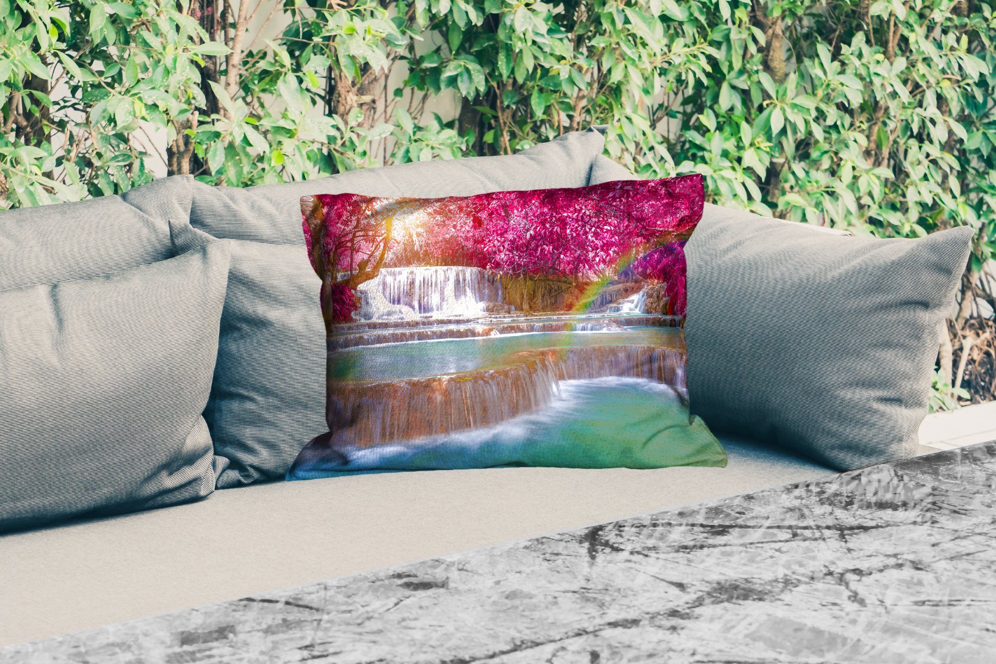 Outdoor-Dekorationskissen, Kissenhülle - Dekokissen Regenbogen Polyester, MuchoWow Wasserfall Rosa Dekokissenbezug, - - Natur, Bäume -