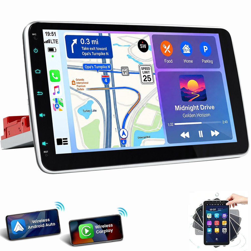 ESSGOO 10" 1 DIN Autoradio 360° Drehbares Carplay Android Auto Bluetooth Navi Autoradio (Kabelloses CarPlay und Android Auto FM AM RDS EQ)