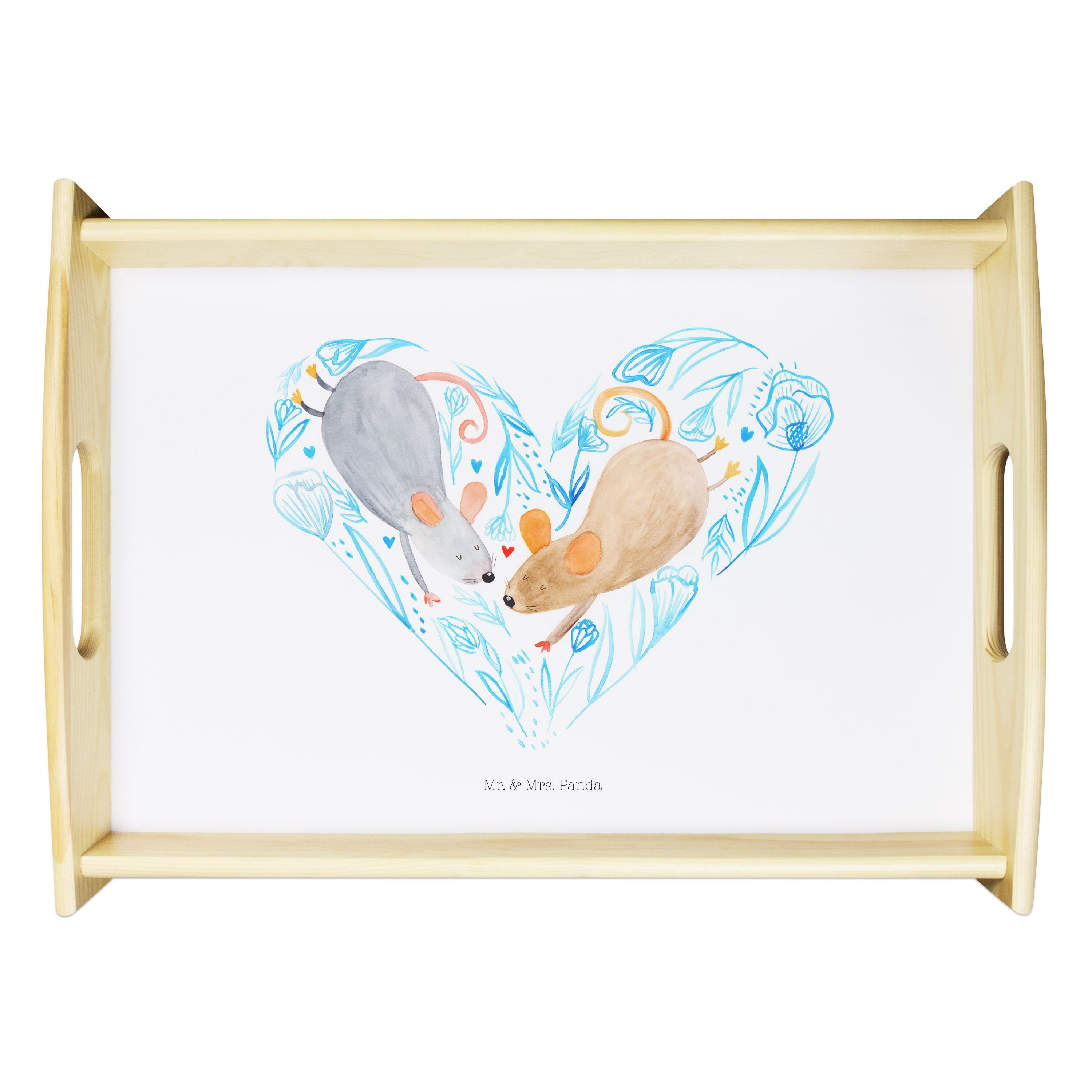 Mr. & Mrs. Panda Tablett Mäuse Herz - Weiß - Geschenk, Verlobung, Frühstückstablett, Lieblings, Echtholz lasiert, (1-tlg)