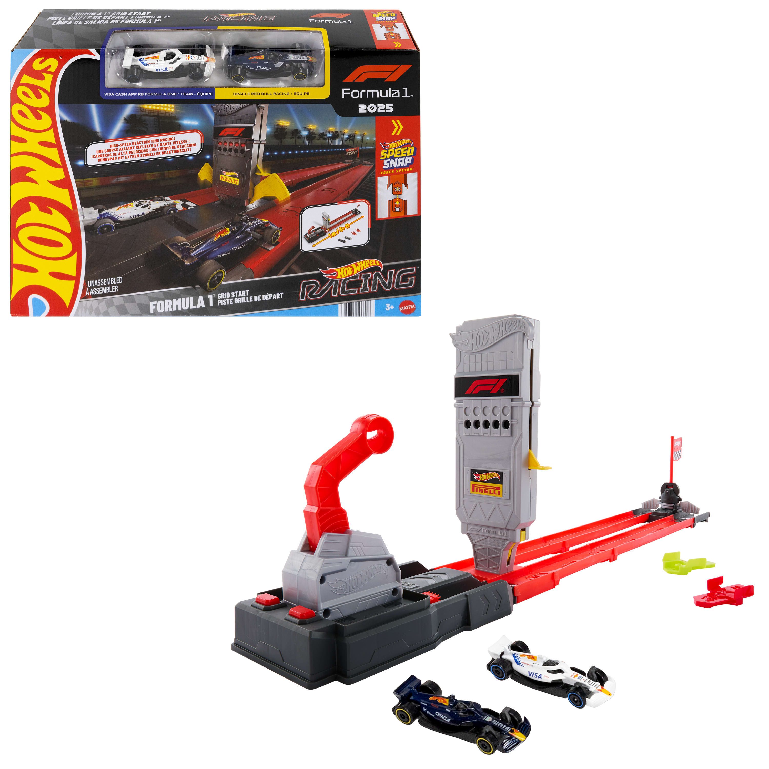 Hot Wheels Autorennbahn Racing Formel-1-Startaufstellung-Trackset, mit 2 Die-Cast-F1-Autos im Maßstab 1:64