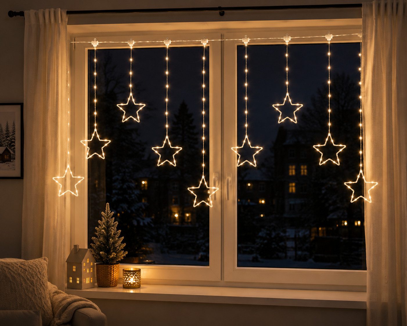 Lumineo LED Fensterleuchter Micro LED Lichtvorhang Sterne warmweiß 120 x 60 cm für Innen und Außen