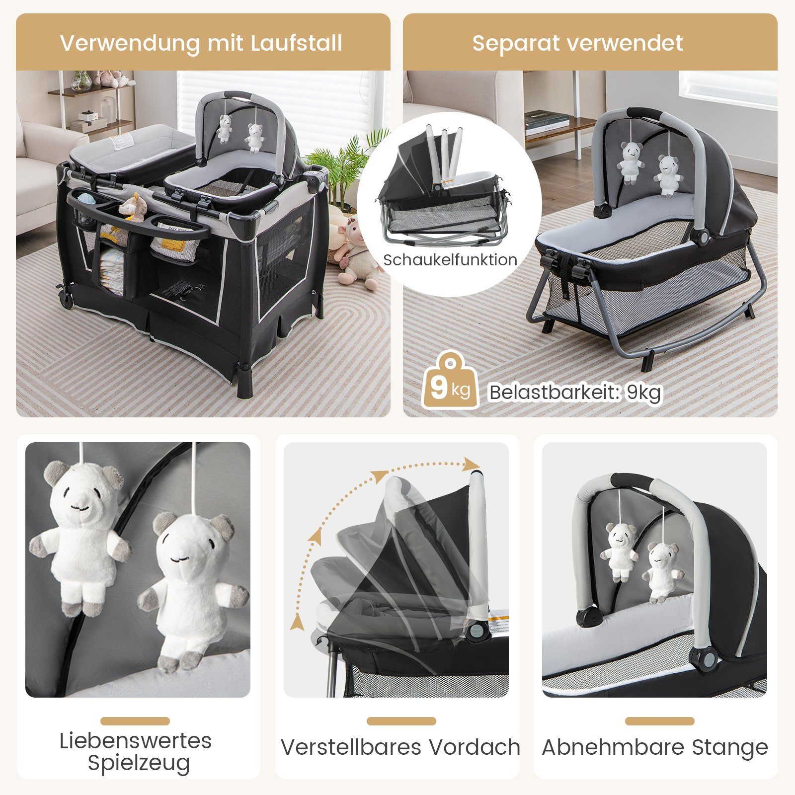 COSTWAY Baby-Reisebett, faltbar mit Spielbügel & Musikbox günstig online kaufen