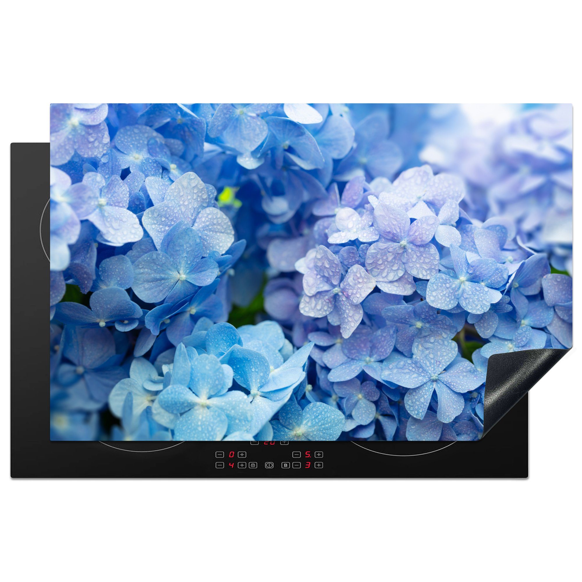 MuchoWow Herdblende-/Abdeckplatte Hortensie - Wassertropfen - Floral - Botanisch - Blau, Vinyl, (1 tlg), 81x52 cm, Induktionskochfeld Schutz für die küche, Ceranfeldabdeckung