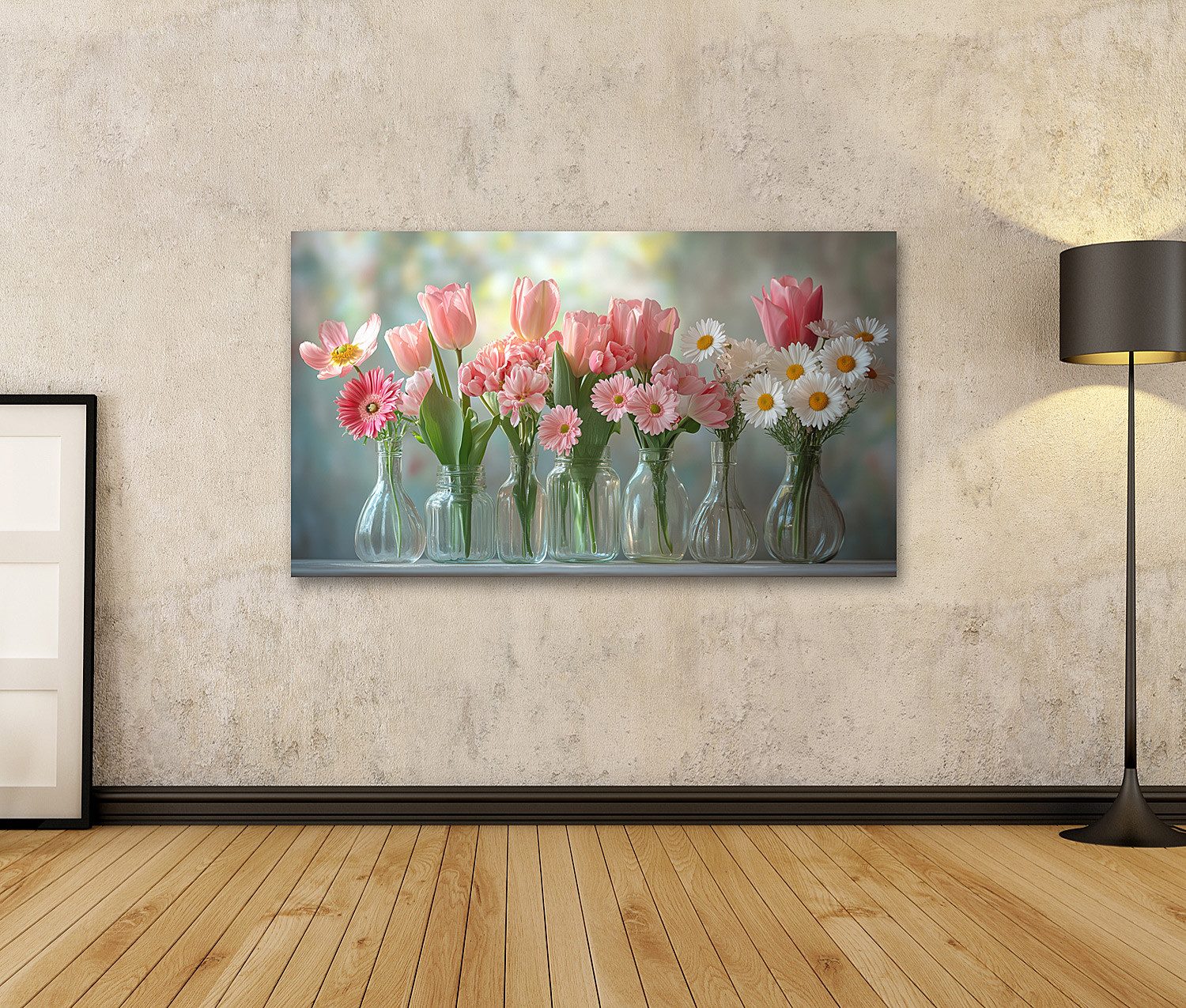 islandburner Leinwandbild Bunte Frühlingsblumen in Glasvasen günstig online kaufen