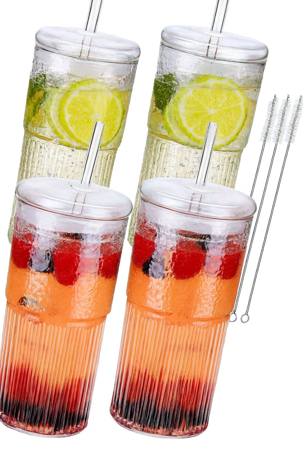 Bossjoy Cocktailglas 4er Trinkbecher Set 650ml Transparent mit Deckel & Strohhalm, Glas, Hitze- & kältebeständig, spülmaschinengeeignet