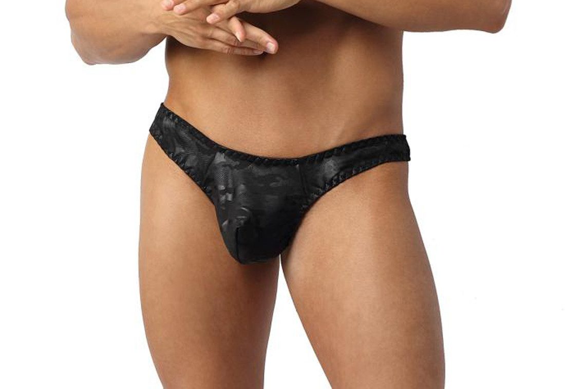 String Herren String in schwarz aus blickdichtem Stoff mit camouflage Print M