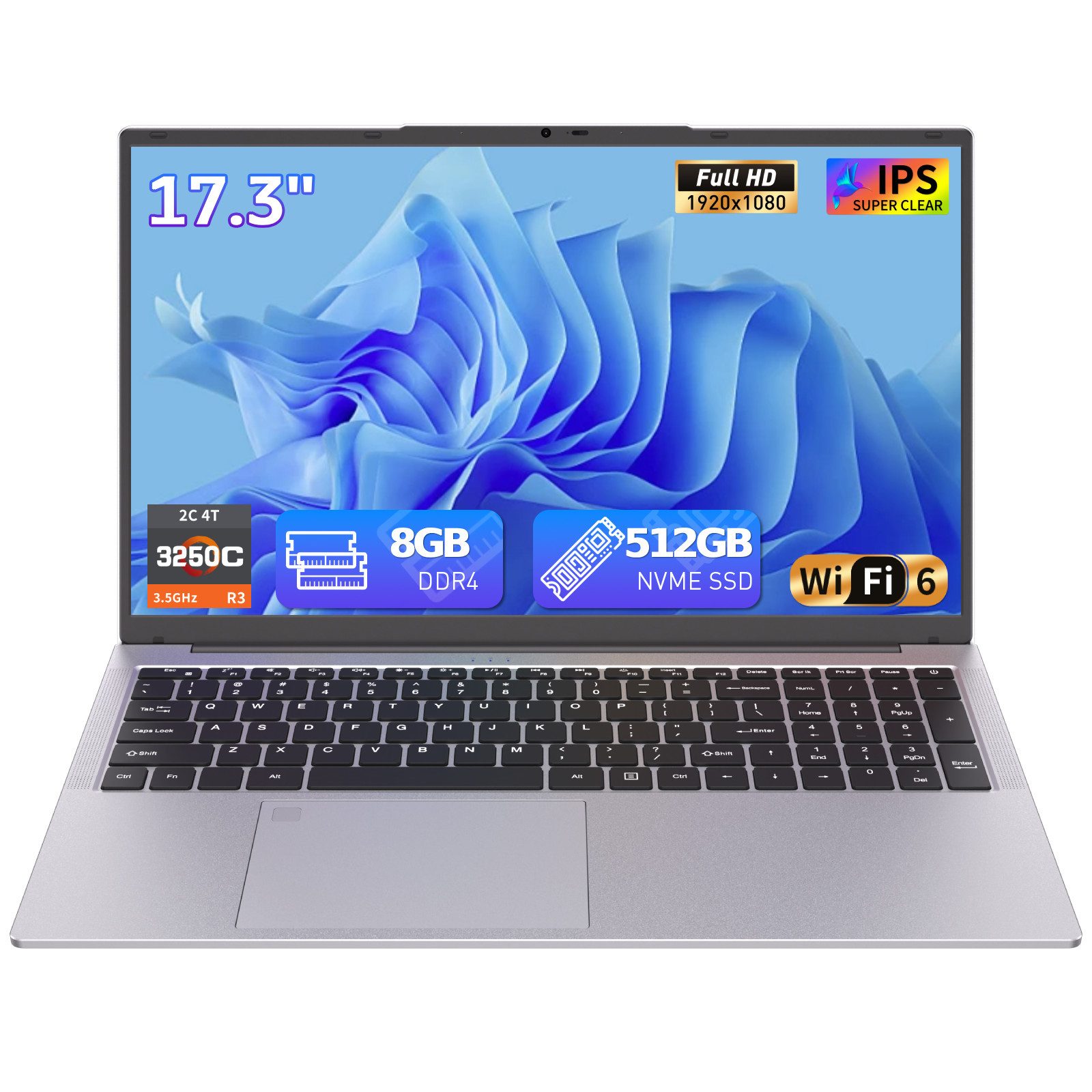 Auusda 17.3 Zoll Laptop, R3 3250C Processzor, 8GB RAM, 512GB NVMe SSD Notebook (R3 3250C, 8 GB, 512 GB SSD)
