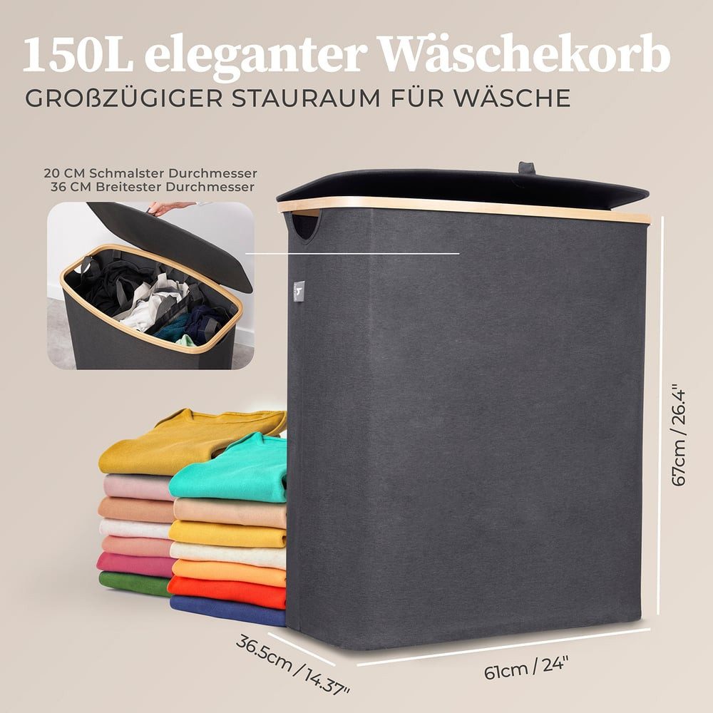 HENNEZ Wäschekorb Wäschebox 150L - Wäschekorb 3 Fächer mit Deckel, Wäschesortierer mit Wäschesack, schwarz Bambus