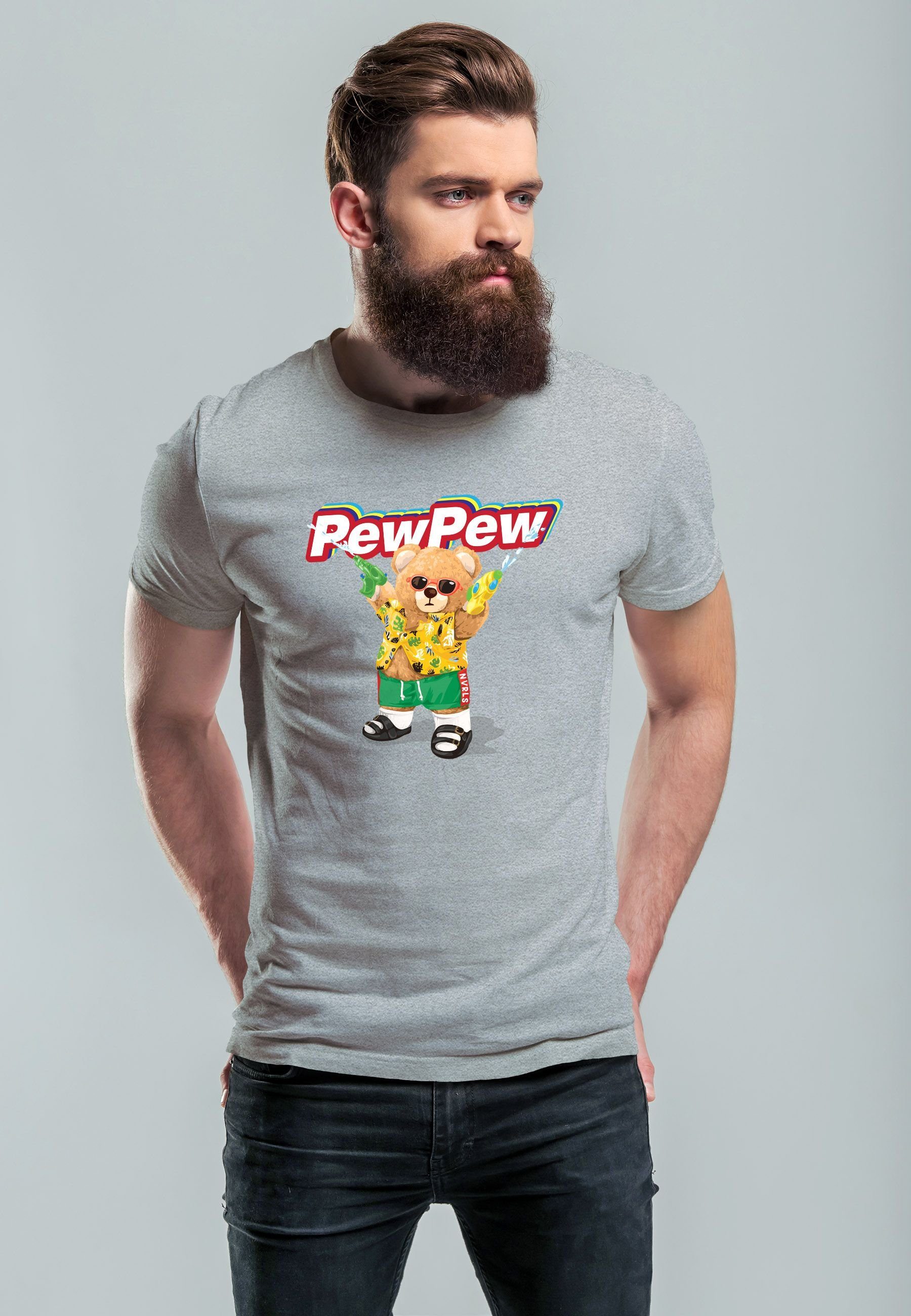 Neverless Print-Shirt Herren T-Shirt Pew Pew Bär Sommer Printshirt Aufdruck Motiv lustig mit Print