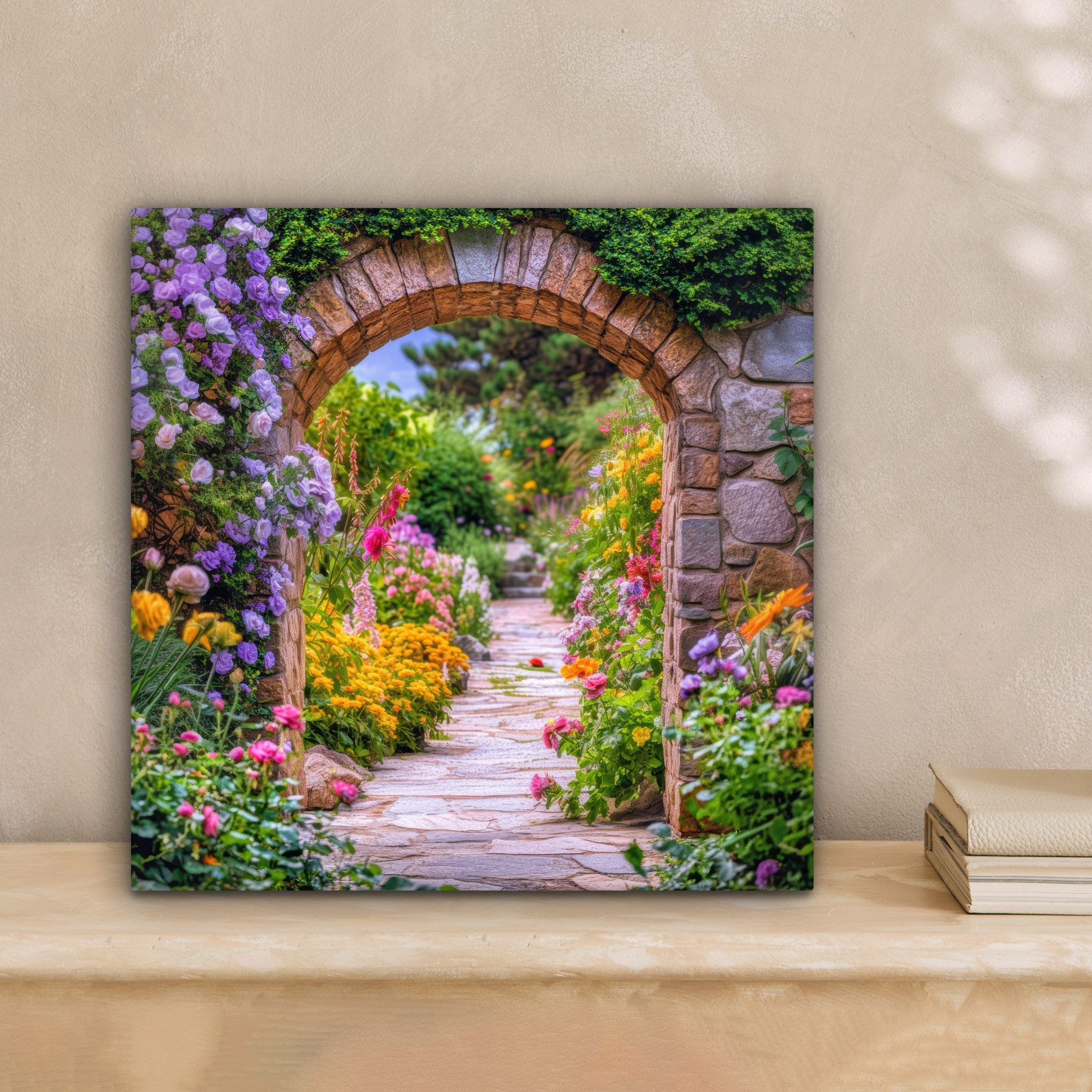 OneMillionCanvasses® Leinwandbild Durchblick - Blumen - Weg - Natur, Fotodruck (1 St), Wandbild, Deko Schlafzimmer Wohnzimmer Flur 20x20 cm