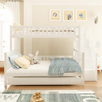 Ulife Etagenbett Massivholz Kinderbett 90x200/140x200cm mit Sicherheitstreppe, Ausziehbett 90x190cm