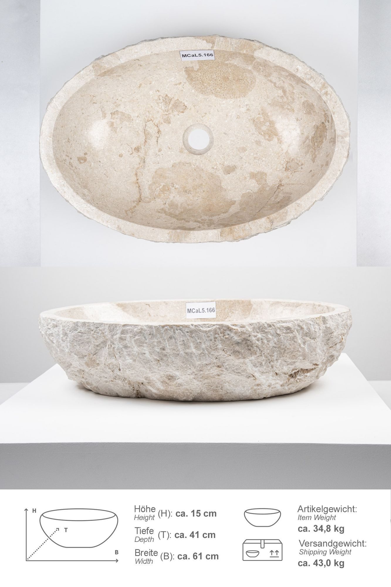 wohnfreuden Aufsatzwaschbecken Erosi Marmor Waschbecken 60 cm creme (Kein Set), 102276_MCaL5.166