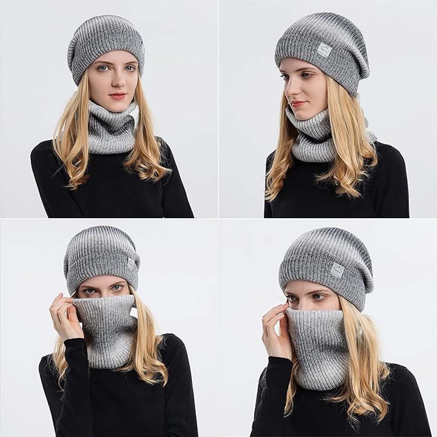 Coonoor Mütze & Schal Wintermütze Strickmütze mit Schal Damen Warme Wintermütze Mütze Schal Set,Wollmütze mit Farbverlauf – Bild 4 von 5