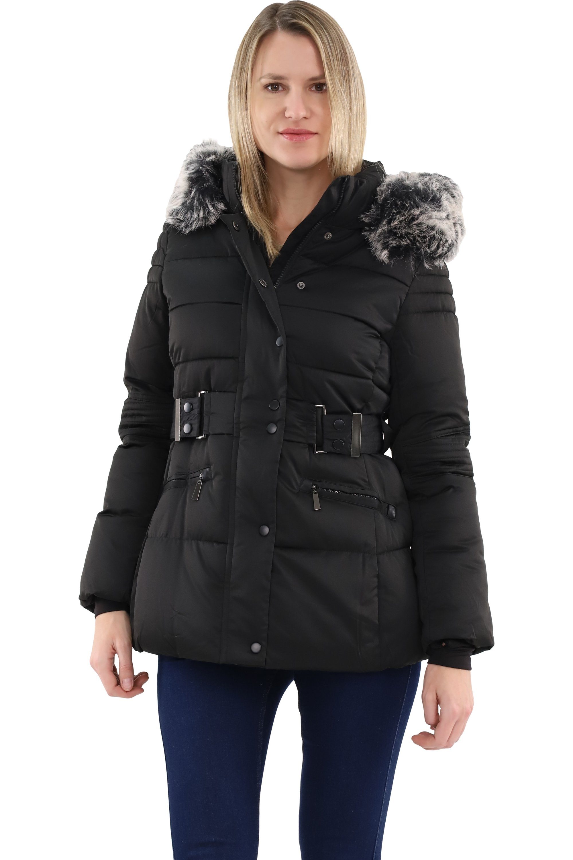 malito more than fashion Steppjacke malito Damen Steppmantel, taillierte Winterjacke, Jacke mit Kapuze figurbetonte gefütterte Winterjacke mit Kunstfell Kapuze
