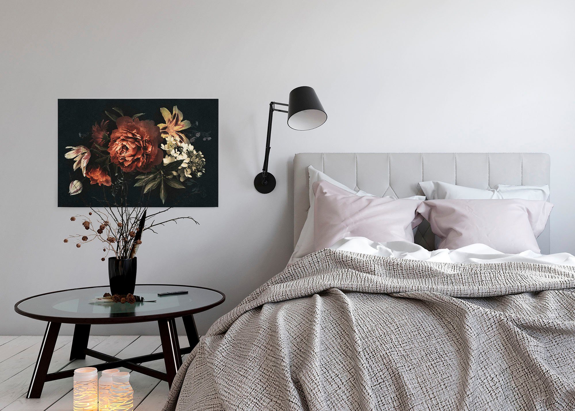 (1 schwarz, St), drama Blumen beige Leinwandbild Blumen rot, Bild A.S. Keilrahmen Création queen, Floral