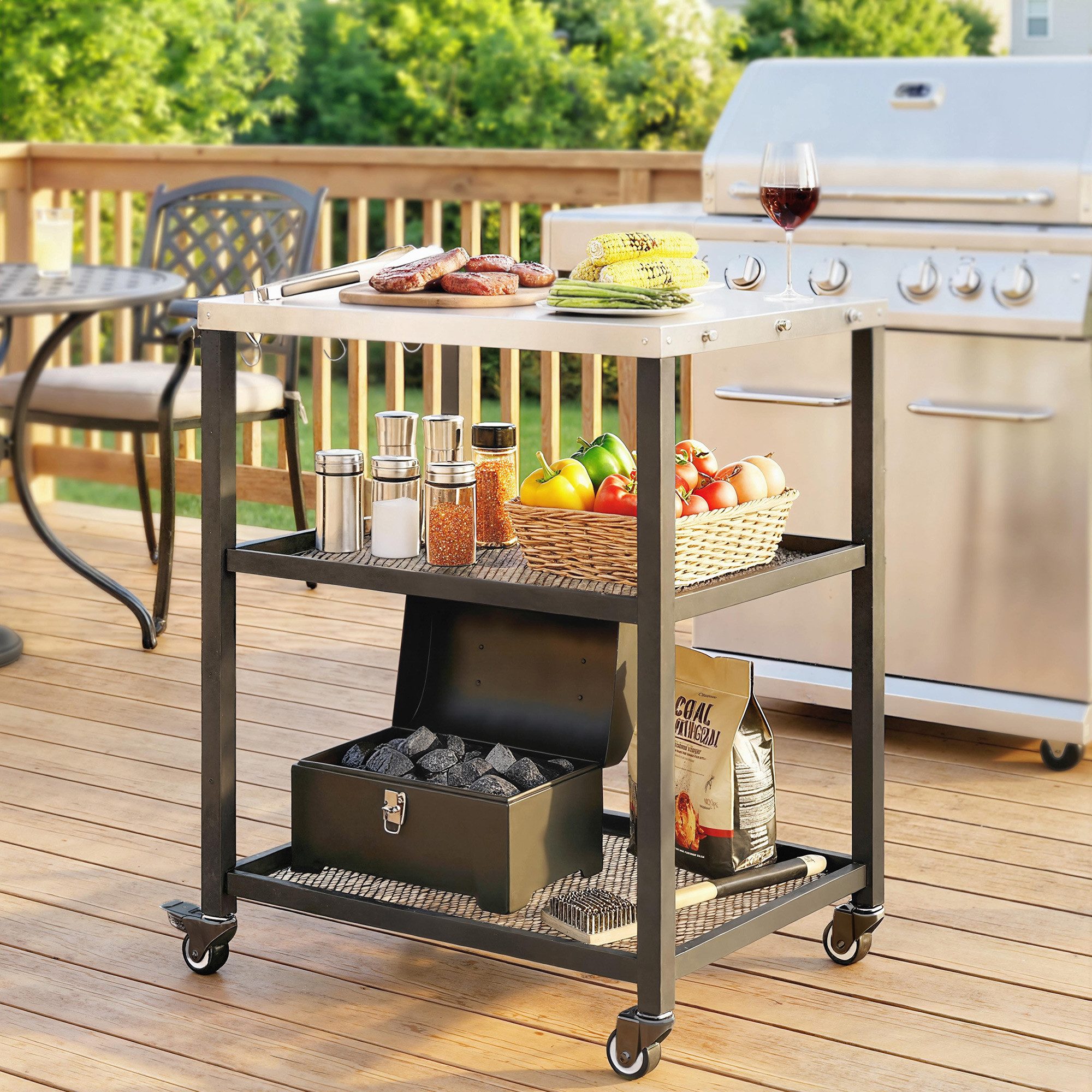 Outsunny Servierwagen Grillwagen 3-Etagen mit Arbeitsfläche verstellbar Ablagen, (BBQ Grilltisch, 1 St., Grillwagen), für Garten Terrasse 77 x 51 x 80 cm Schwarz