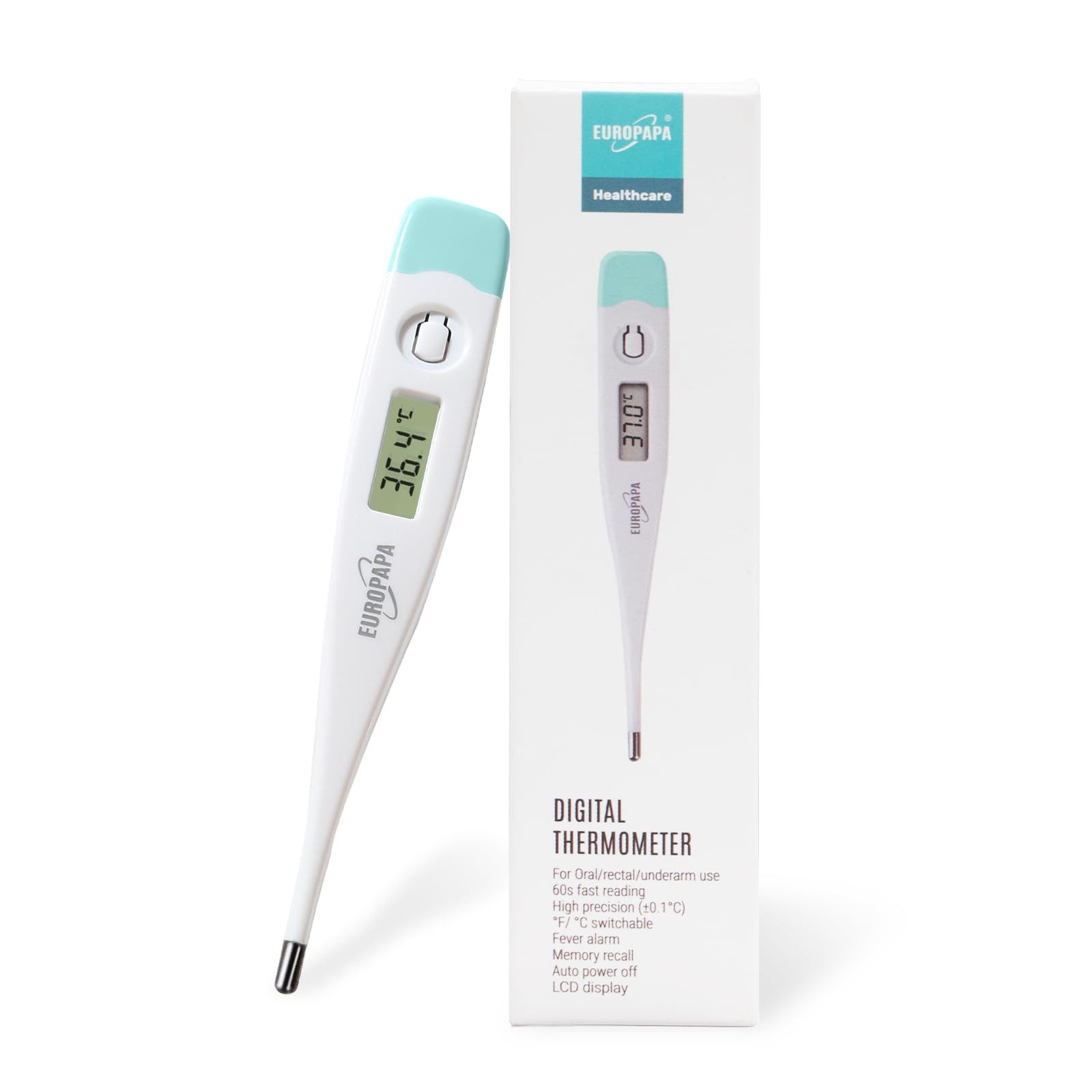 EUROPAPA Fieberthermometer Digitales Fieberthermometer für Babys, 1-tlg., Kinder und Erwachsene, Thermometer für oral, axillar oder rektal, wasserdicht mit Fieberalarm